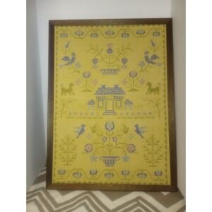 Vtg Framed Cross Stitch Sampler Cottage House Motiff Plants Folk Art 23x17 1/4